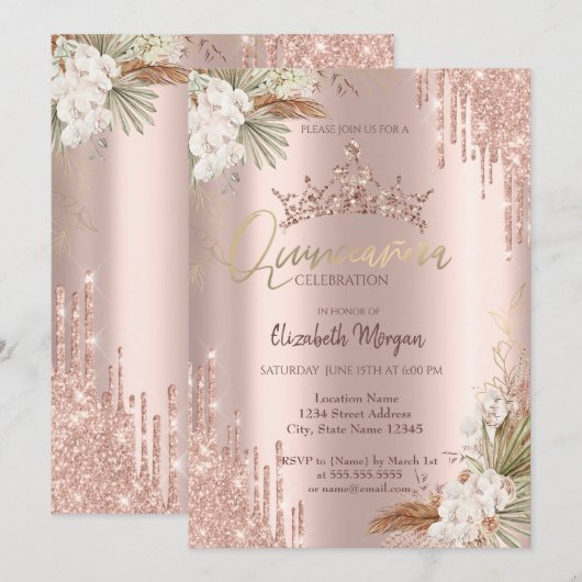 Pampas Roos Gouden Glitter Crown Drop Quinceañera Kaart (Voorkant / Achterkant)