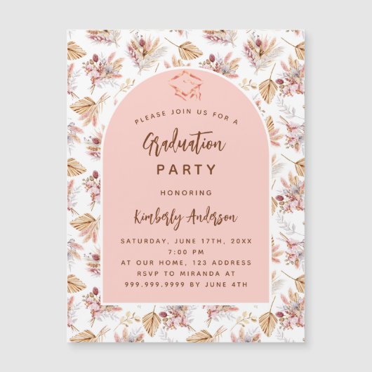 Pampas roos gouden luxe afstudeerfeest magnetische uitnodiging (Voorkant)