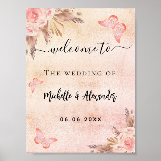 Pampas roos goudflorale vlinder welkom bruiloft poster (Voorkant)