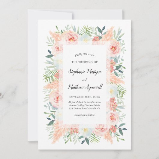 Pampas Roze Bloemen Waterverf Bruiloft Kaart (Voorkant)