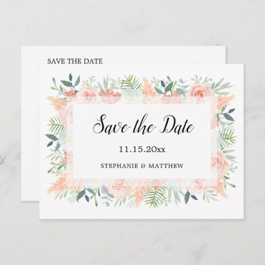 Pampas Rozen Groen Bruiloft Save The Date Aankondigingskaart (Voorkant / Achterkant)