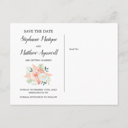 Pampas Rozen Groen Bruiloft Save The Date Aankondigingskaart (Achterkant)