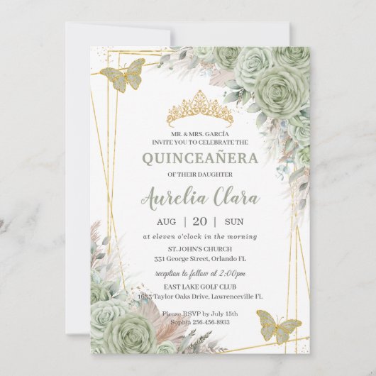 Pampas Sage Green Floral Butterflies Quinceañera Kaart (Voorkant)