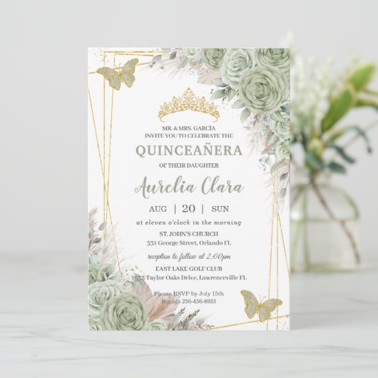 Pampas Sage Green Floral Butterflies Quinceañera Kaart (Staand voorkant)