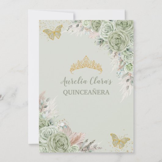 Pampas Sage Green Floral Butterflies Quinceañera Kaart (Achterkant)