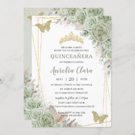 Pampas Sage Green Floral Butterflies Quinceañera Kaart