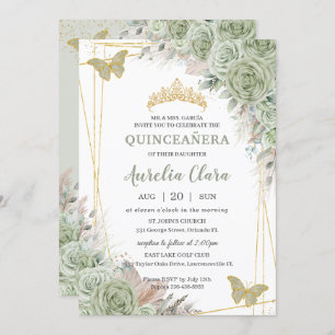 Pampas Sage Green Floral Butterflies Quinceañera Kaart