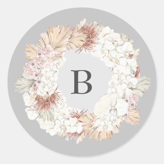 Pampas Ultimate Wreath Elegant Monogram Gray Ronde Sticker (Voorkant)