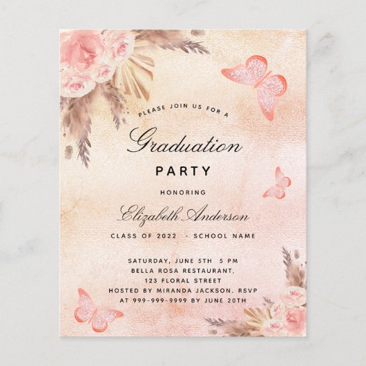 Pampas vlinders boho budget Graduation Party (Voorkant)