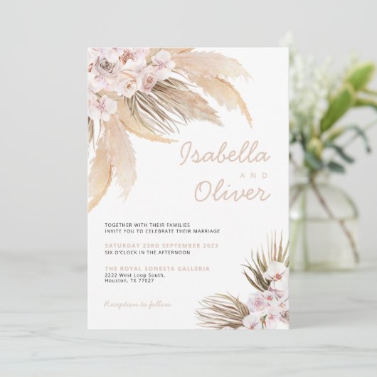 Pampas Wedding nodigboho beige Kaart (Staand voorkant)