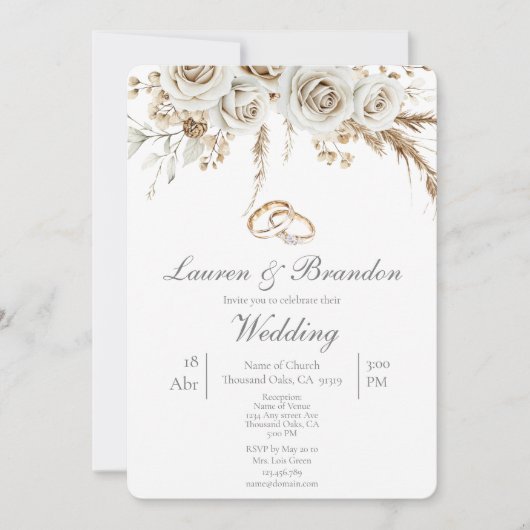 Pampas white boho Wedding invitation Kaart (Voorkant)