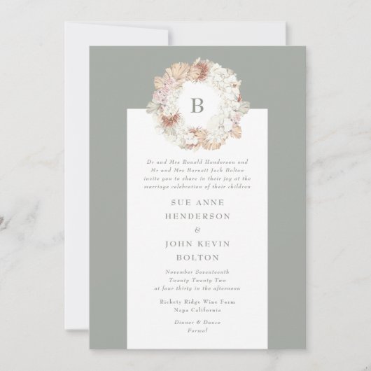 Pampas Wreath Moss Green Monogram Wedding Kaart (Voorkant)