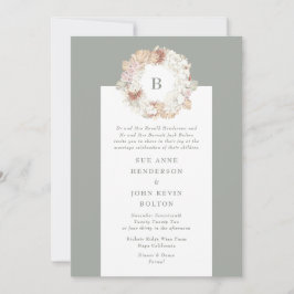 Pampas Wreath Moss Green Monogram Wedding Kaart