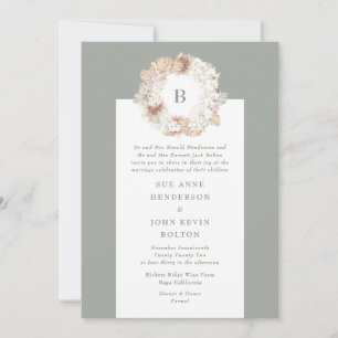 Pampas Wreath Moss Green Monogram Wedding Kaart