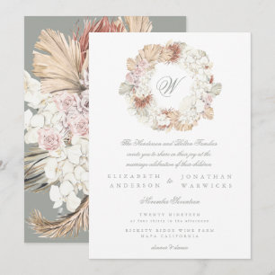 Pampas Wreath Moss Sage Green Monogram Elegant Kaart