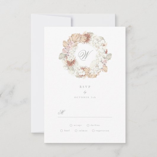 Pampas Wreath Moss Sage Green Monogram Elegant RSVP Kaartje (Voorkant)