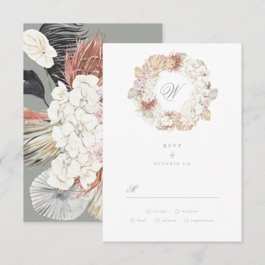 Pampas Wreath Moss Sage Green Monogram Elegant RSVP Kaartje (Voorkant / Achterkant)