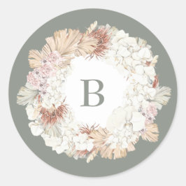 Pampas Wreath Moss Sage Green Monogram Simple Ronde Sticker