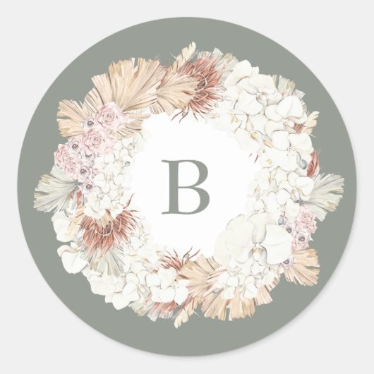 Pampas Wreath Moss Sage Green Monogram Simple Ronde Sticker (Voorkant)