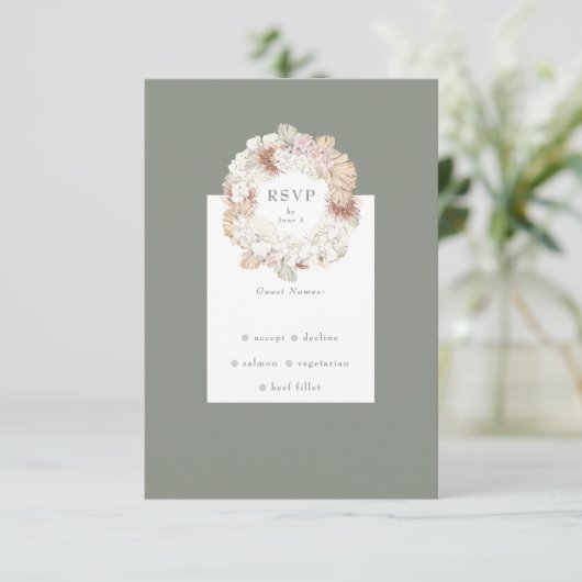 Pampas Wreath Moss Sage Green Monogram Simple RSVP Kaartje (Staand voorkant)