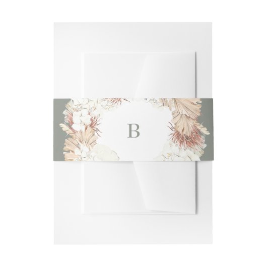 Pampas Wreath Moss Sage Green Monogram Simple Uitnodigingen Wikkel (Voorkant Voorbeeld)