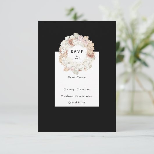 Pampas Wreath Onyx Black Premium Elegant Monogram RSVP Kaartje (Staand voorkant)