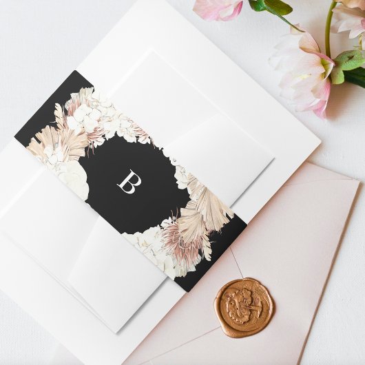 Pampas Wreath Pure Black Premium Elegant Monogram Uitnodigingen Wikkel