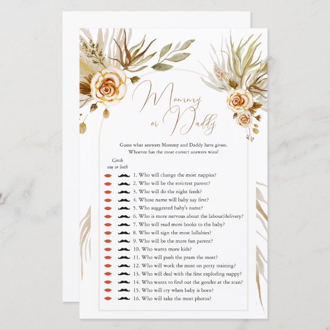 Pampasgras Baby shower Raad wie mama of papa (Voorkant / Achterkant)