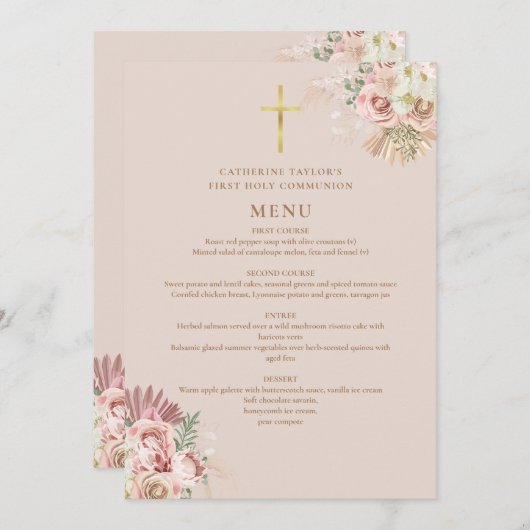 Pampasgras Bloem Eerste Heilige Communie Menu Kaart (Voorkant / Achterkant)