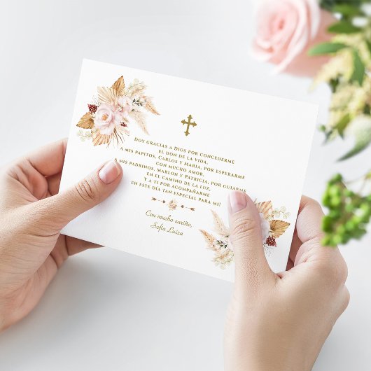 Pampasgras Bloemen Gracias con Oración Bautizo Bedankkaart