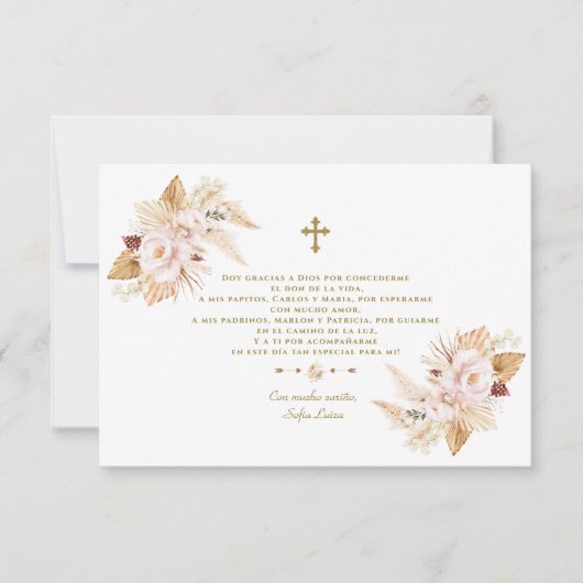 Pampasgras Bloemen Gracias con Oración Bautizo Bedankkaart (Voorkant)