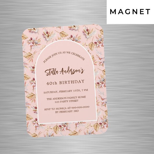 Pampasgras bloemengoud roos verjaardagsuitnodiging magneet