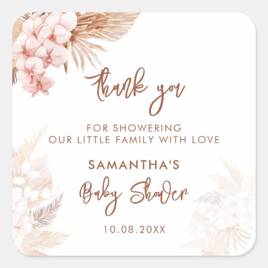 Pampasgras Boho Meisje Baby Shower Vierkante Sticker (Voorkant)