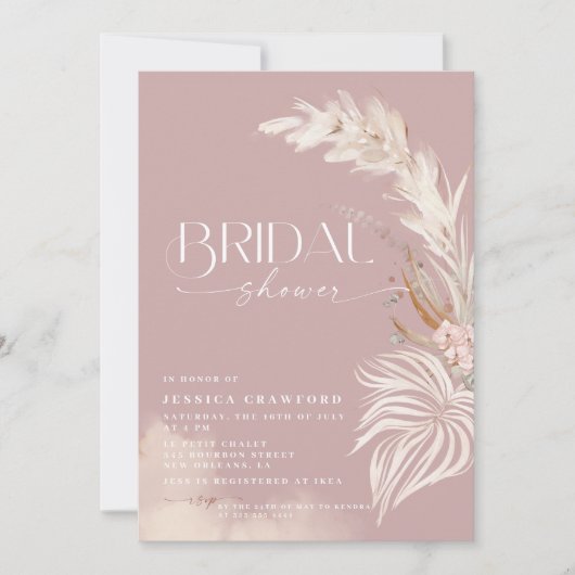 Pampasgras Boho Stof Roze Foto Bruidsdouche Kaart (Voorkant)