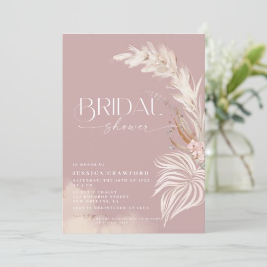 Pampasgras Boho Stof Roze Foto Bruidsdouche Kaart (Staand voorkant)