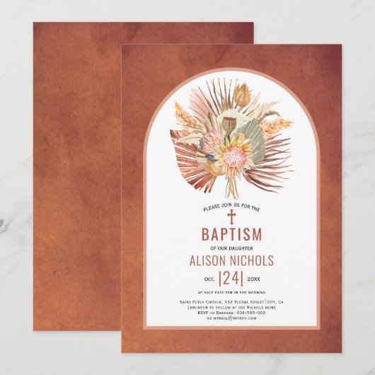 Pampasgras en palmterracotta baptisme kaart (Voorkant / Achterkant)