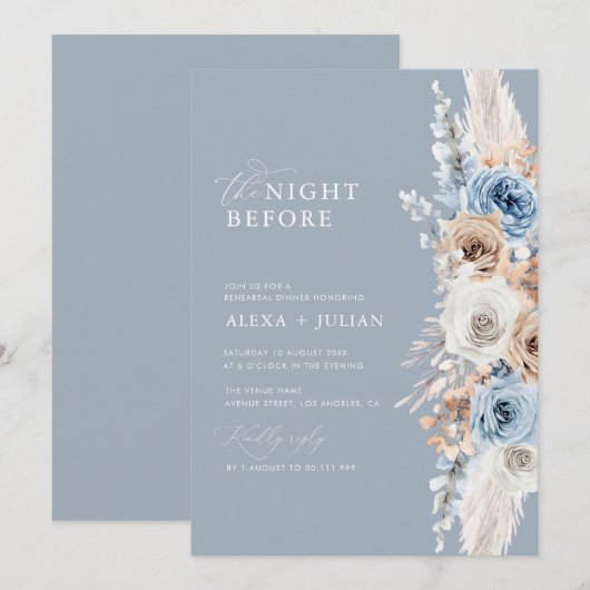 Pampasgras en stoffig blauw repetitiediner kaart (Voorkant / Achterkant)