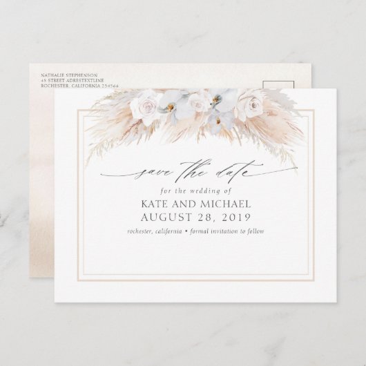 Pampasgras en witte orchideeën slaan de datum op briefkaart (Voorkant / Achterkant)