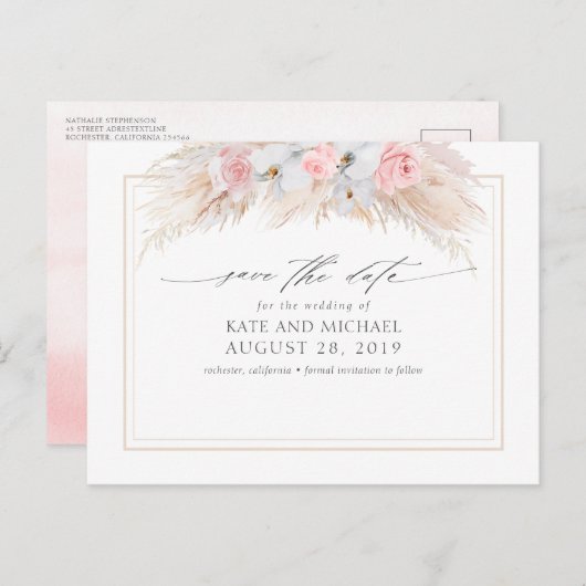 Pampasgras en witte orchideeën slaan de datum op briefkaart (Voorkant / Achterkant)