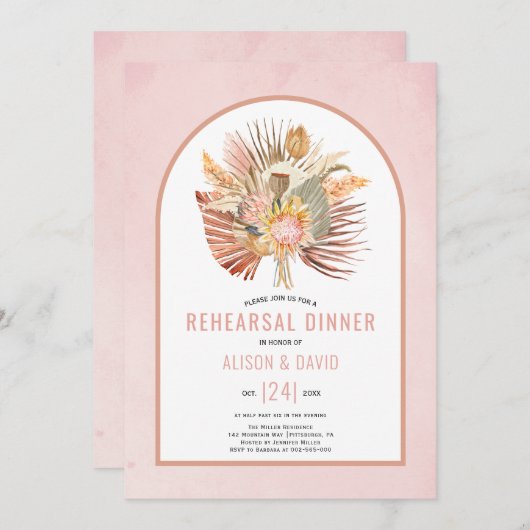 Pampasgras en zacht roze handpalm-diner kaart (Voorkant / Achterkant)