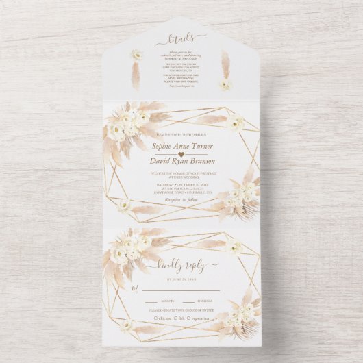 Pampasgras Gouden Monogram Alles in Eén Trouw-A All In One Uitnodiging (Binnen)