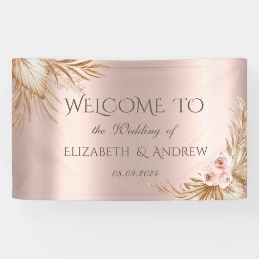 Pampasgras Luxe Roze Gouden Bruiloft Spandoek (Horizontaal)