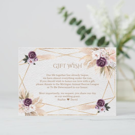 Pampasgras Paarse Bloemen Huwelijksgeschenk Wens  Informatiekaartje (Staand voorkant)