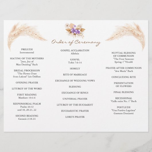 Pampasgras Paarse Orchidee DrieVoudig Trouwprogram Flyer (Achterkant)