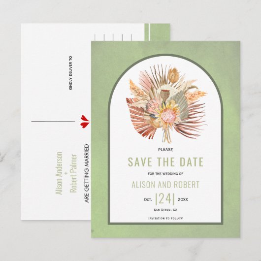 Pampasgras, palmbladeren groen sparen de datum briefkaart (Voorkant / Achterkant)