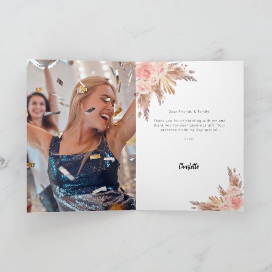 Pampasgras roos bloemblaadjes foto verjaardag bedankkaart (Binnen)