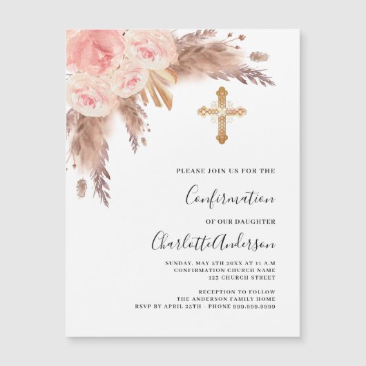 Pampasgras roos goudroze luxebevestiging magnetische uitnodiging (Voorkant)