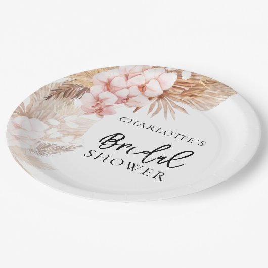 Pampasgras Roze Bloemige Bruiloftsborrel Papieren Bordje (Gekanteld)