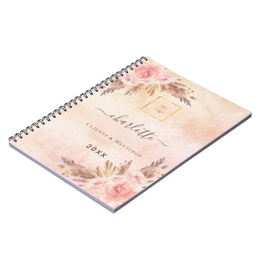 Pampasgras roze goud bloemend bedrijfslogo notitieboek (Linkerzijde)
