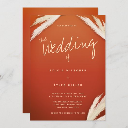 Pampasgras Verbrande Oranje Bruiloft Kaart (Voorkant / Achterkant)
